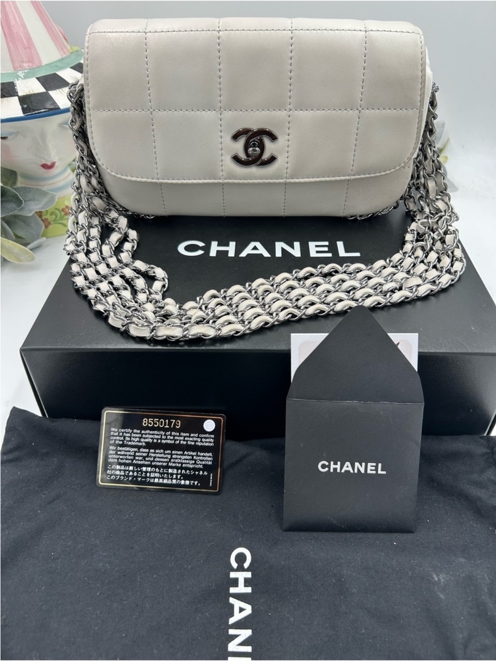 CHANEL Quilted Lambskin Chain Crossbody Bag in Light Gray